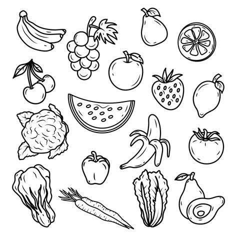 Set Fruits And Vegetables Line Art Style Isolated On White Background