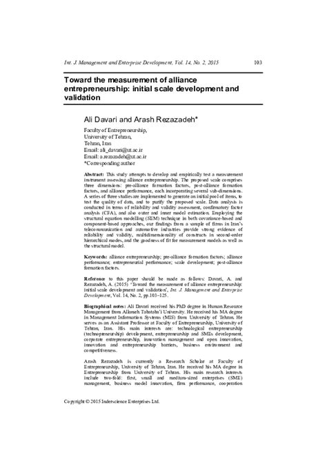 Pdf Toward The Measurement Of Alliance Entrepreneurship Initial