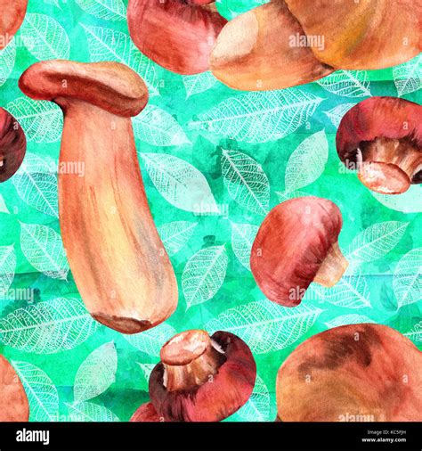 Seamless Teal Pattern With Watercolor Mushrooms And Leaves Stock Photo