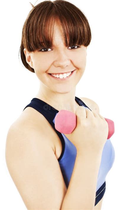 Happy Fitness Woman Lifting Dumbbells Stock Image Image Of Person