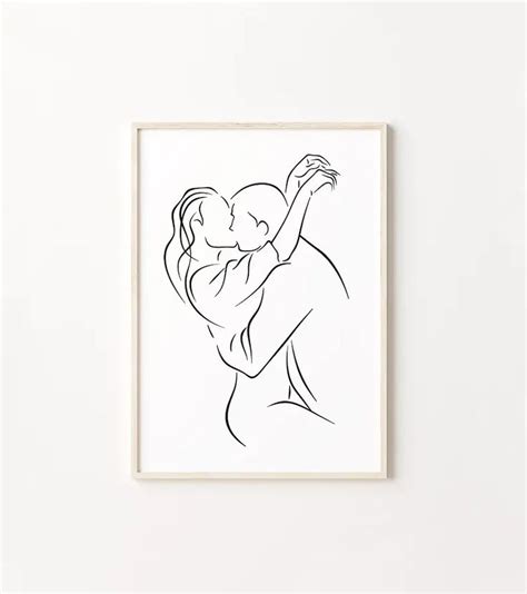 Couple Kiss Line Art Print Hugging Man And Woman Wall Art Minimal