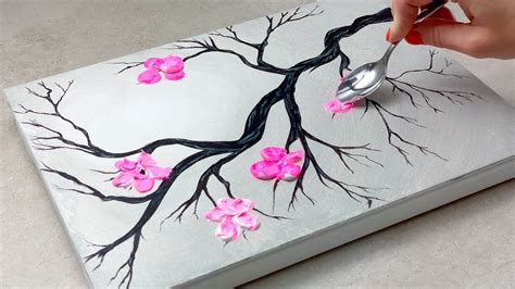 How to draw easy flowers, painting cherry blossom with acrylic ...