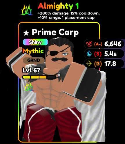 Shiny Prime Carp Almighty Lvl Garp Evolved Roblox Anime Defenders