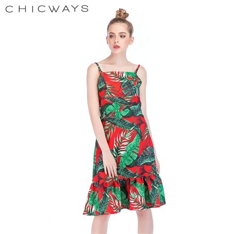 Chicways Summer Tropical Palm Leaf Print Dress Casual Straps Sleeveless