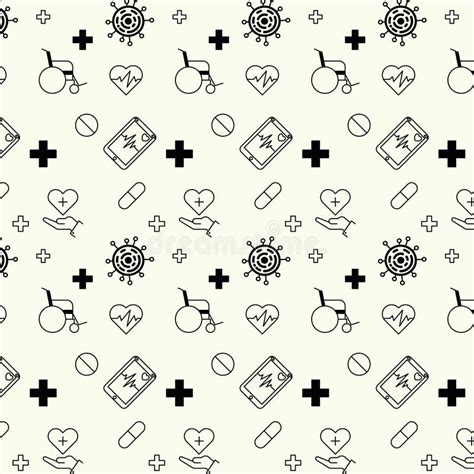 Medical Pattern With Wheelchair Heart Monitor Pills Hand Virus Crosses
