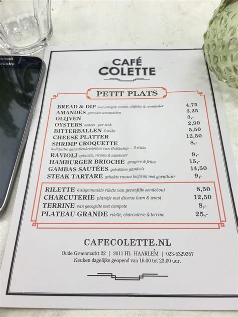 Menu at Café Colette, Haarlem