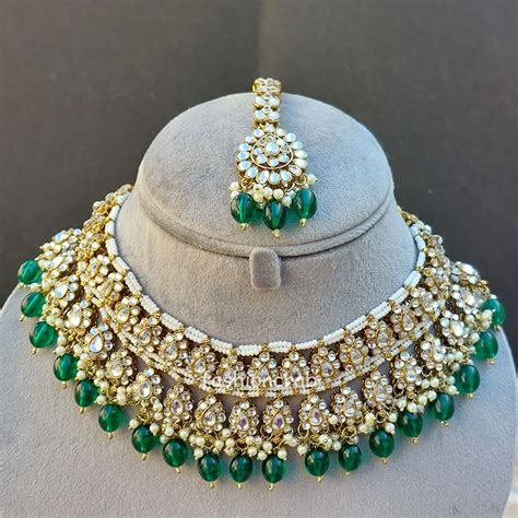 Green Color Bridal Kundan Jewellery Set Fashioncrab