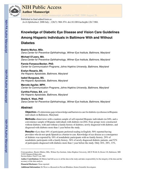 Pdf Knowledge Of Diabetic Eye Disease And Vision Care Guidelines Among Hispanic Individuals In