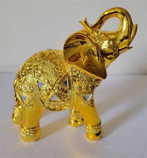 Feng Shui 8 H Gold Color Elegant Elephant Statue With Trunk Etsy