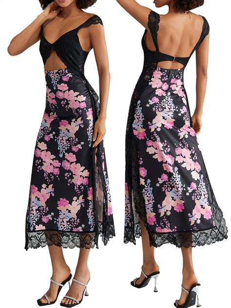 Tsseiatte Women Long Bodycon Dress Floral Print Lace Patchwork Cutout V Neck Sleeveless Dress