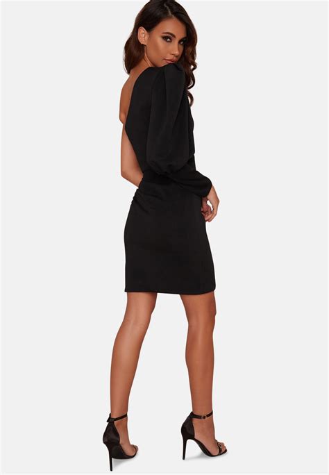 One Shoulder Puff Sleeve Bodycon Mini Dress In Black Chi Chi London