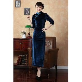 Traditional Long Velvet Cheongsam Dress Blue