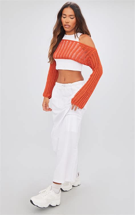 Rust Ladder Knit Bardot Crop Top Knitwear Prettylittlething