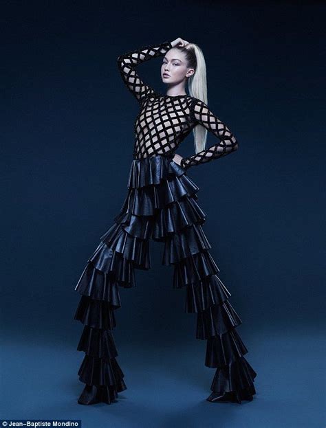 Gigi Hadid Models Sheer Lattice Bodysuit And Frilly Leather Trousers