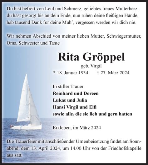 Traueranzeigen von Rita Gröppel abschied nehmen de