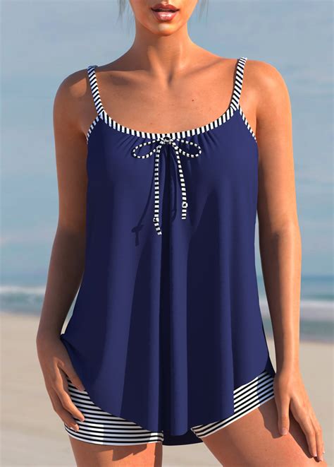 Navy Blue Bowknot Striped Tankini Set Modlily Usd