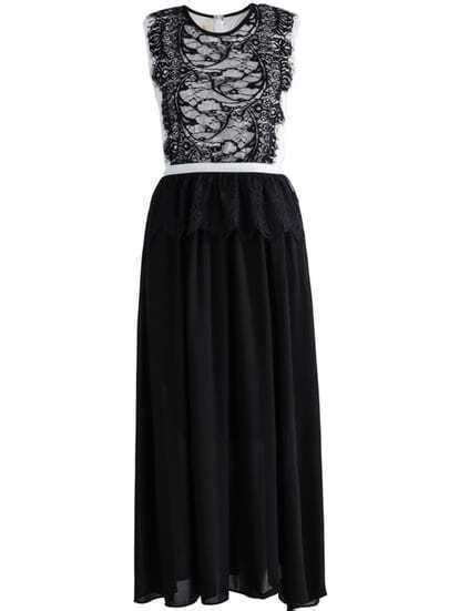 Black Sleeveless Lace Contrast Chiffon Pleated Dress SheIn Sheinside