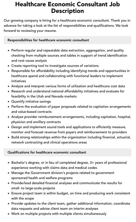 Healthcare Economic Consultant Job Description Velvet Jobs