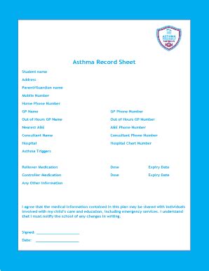 Fillable Online Asthma Asthma Record Sheet Asthma Fax Email Print