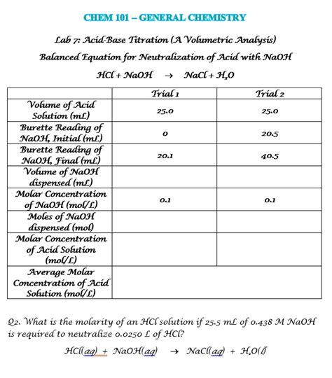 SOLVED CHEM 101 GENERAL CHEMISTRY Lab 7 Acid Base Titration A