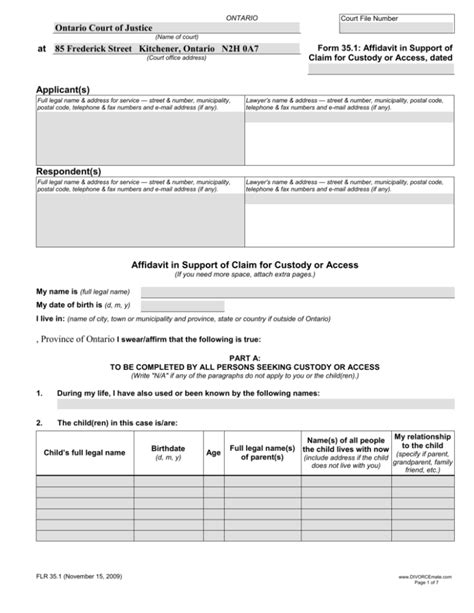 Affidavit In Support Of Claim For Custody Or Access