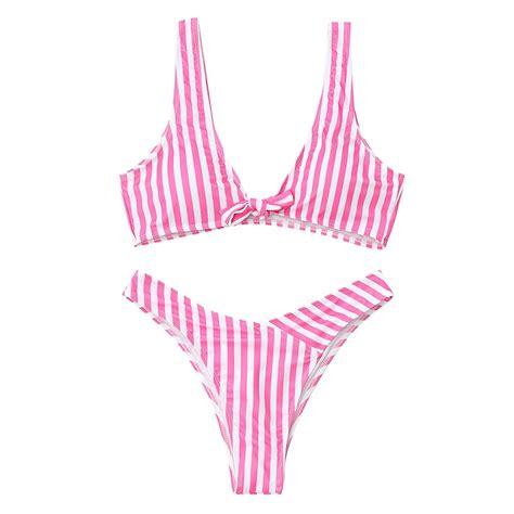 Sexy Women Striped Front Knot Bikini Set Natural Waist Bikini Nylon