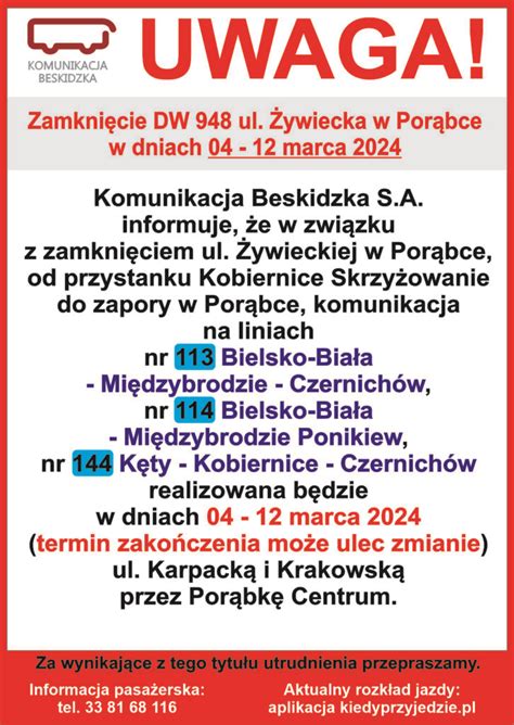 Zamknięcie DW 948 ul Żywiecka w Porąbce w dniach 04 12 marca 2024