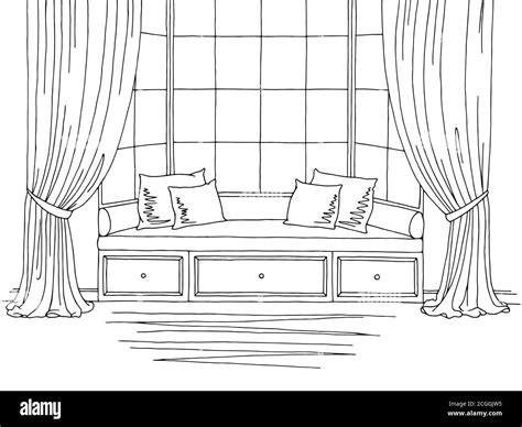 Bay Window Graphic Black White Interior Sketch Illustration Vector