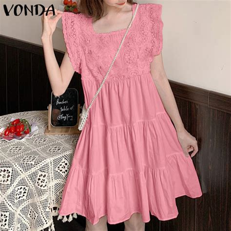 Vonda Women Fashion Solid Color Pleated Baggy Midi Dresses Korean