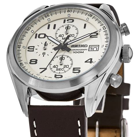 Seiko Chronograph Quartz Cream Dial Leather Strap Men S Watch Ssb P