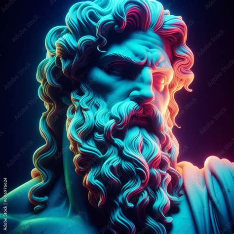 Ancient Statue Of Greek God Head Creative Concept Colorful Neon Image