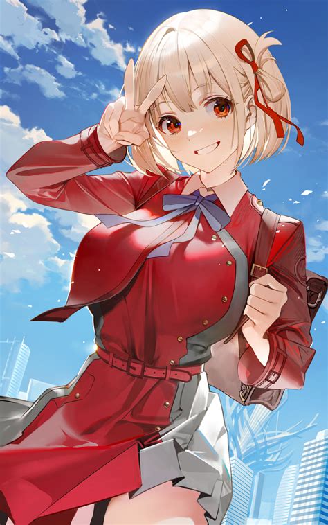 Safebooru 1girl Absurdres Arm Up Backpack Bag Belt Blonde Hair Blue Ribbon Blue Sky Blush Bob