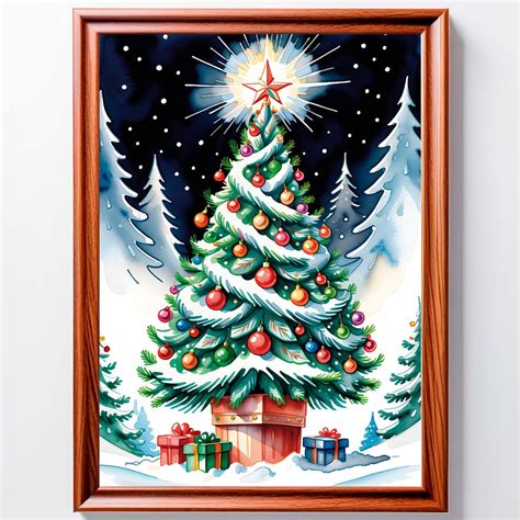 Holiday Wall Decor Art Hristmas Tree Watercolor Drawing For Home Quick