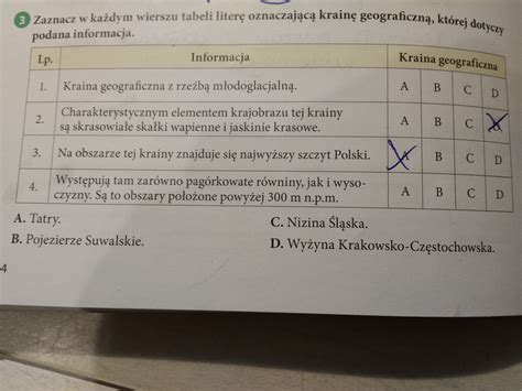 Zaznacz W Ka Dym Wierszu Tabeli Liter Oznaczaj C Krain Geograficzn