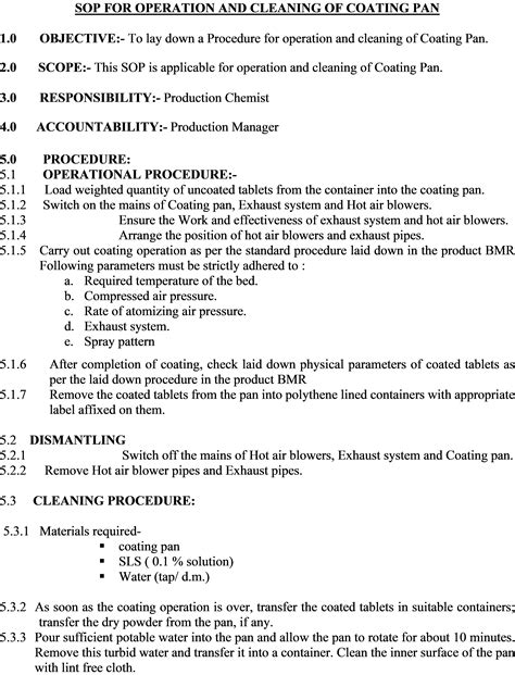 SOP FOR OPERATION AND CLEANING OF COATING PAN