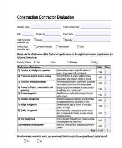 Free Sample Construction Evaluation Forms In Pdf Ms Word