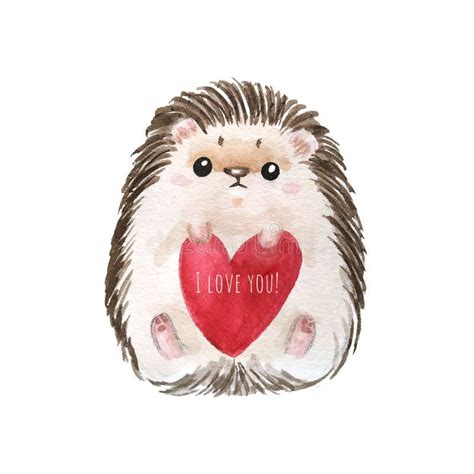 Holiday Card With Hedgehog Red Heart And Text I Love You For St