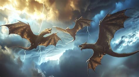 Three dragons flying in a stormy sky The dragons are all different ...