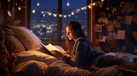 Uma Mulher Lendo Um Livro Em Sua Cama Noite Foto Premium