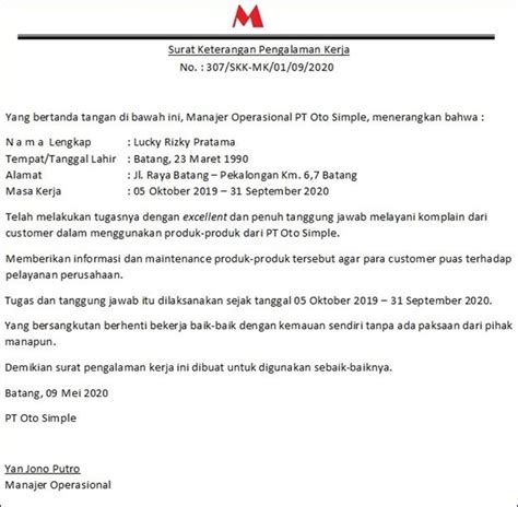 Contoh Surat Pengalaman Kerja Mekanik By Posted On October The Best