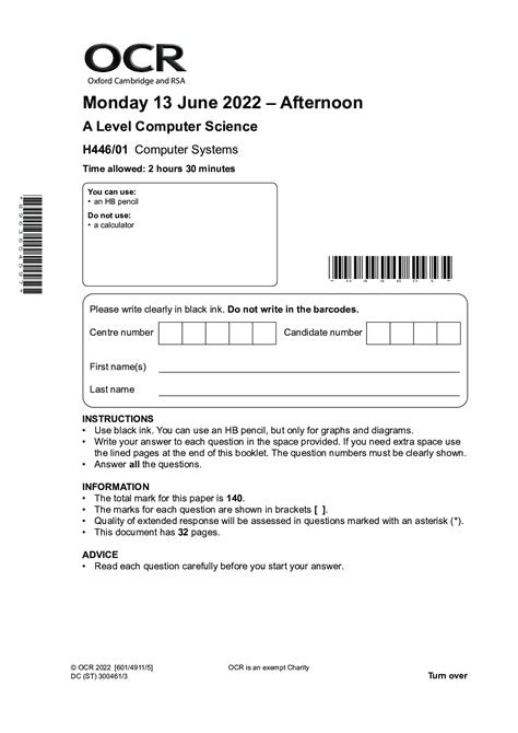 Ocr A Level June 2022 Computer Science Question Paper 1 Ocr A Level