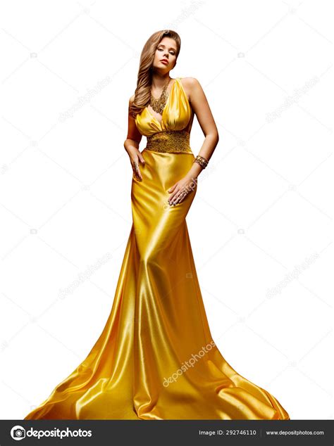 Fashion Model Gold Dress Woman Full Length Portrait Golden Gown On