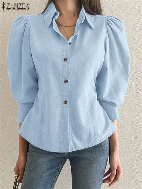 Zanzea Women Denim Tops Commuting Blusa Vintage Puff Sleeve Lapel