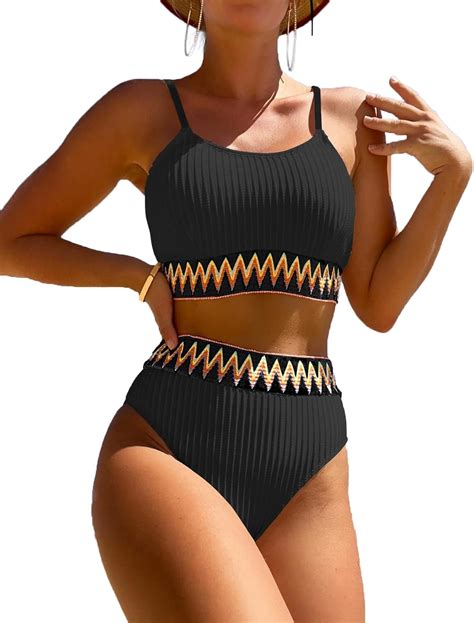 Amazon Zuvebamyo Women S High Waisted Swimsuit Two Piece Ribbed Bikini Sets Crop Top High