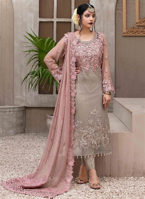 Buy Wedding Wear Pink Embroidery Work Net Pakistani Suit Online From