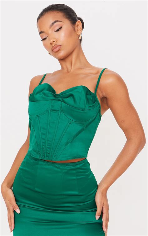 Emerald Green Satin Corset Strappy Top Prettylittlething