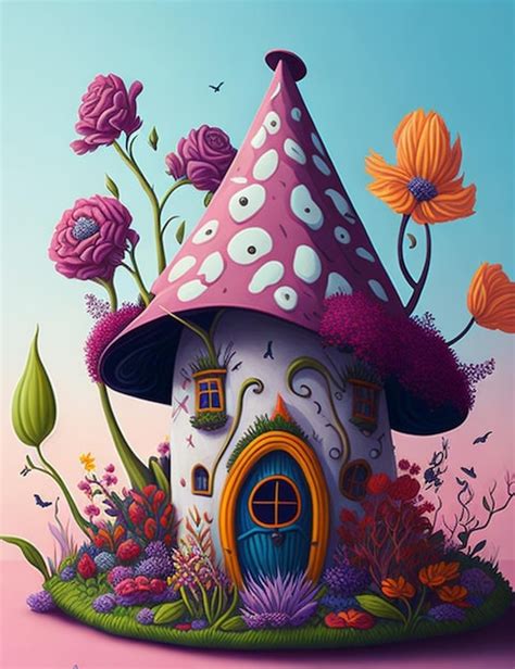 A Painting Of A Fairy House With A Pink Hat And Flowers Premium AI