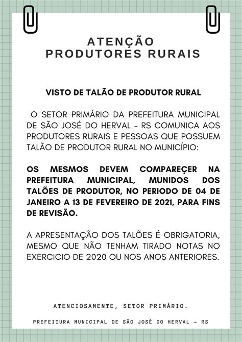 Comunicado Aos Produtores Rurais Prefeitura Municipal De S O Jos Do