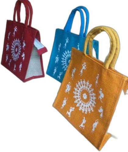 Eco Friendly Zipper Warli Print Jute Bag Size Dimension 12x10x5