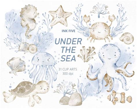 Under The Sea Watercolor Clipart Nautical Handpainted Images Etsy